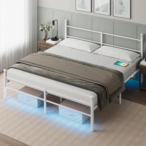 Miniatura 11 de Base de cama tamaño Queen con cabecero, plataforma de metal con luces LED, estación de carga, almacenamiento debajo de la cama y soporte de listones
