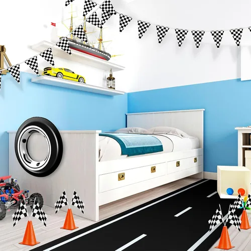Miniatura 6 de Suministros de cumpleaños para fiesta de autos de carreras, tapete para correr de pista de carreras, mantel de carreras, pancarta a cuadros, 12
