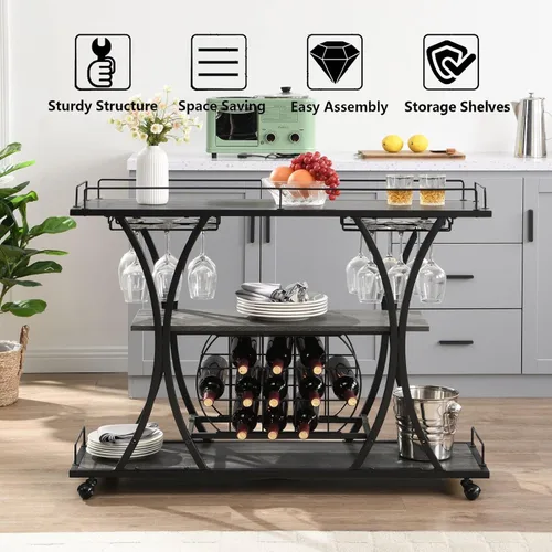 Miniatura 8 de mikibama Carrito de bar industrial de metal móvil de madera para el hogar, pequeño carrito de bar rústico con estante para vino y estantes