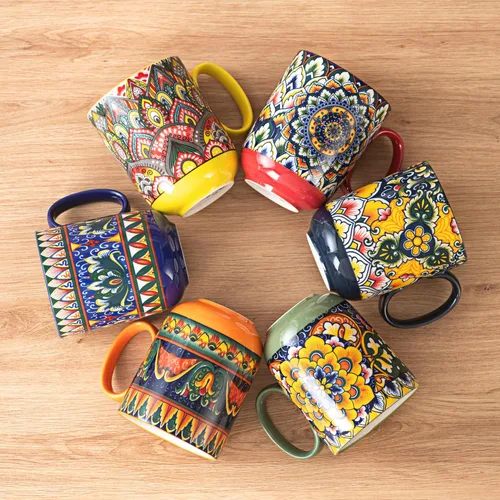 Miniatura 6 de Henten Home Juego de tazas de café de porcelana de 6 piezas, taza de café de 14 onzas colorida con mango, taza de cerámica boho para chocolate