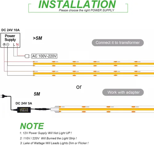 Miniatura 7 de JOYLIT Tira de luces LED COB de 24 V, 16.4 pies, 3000 K, blanco cálido, 550 lm/ft, súper brillante, CRI 95+, UL Premium, 2400 LED, cinta adhesiva