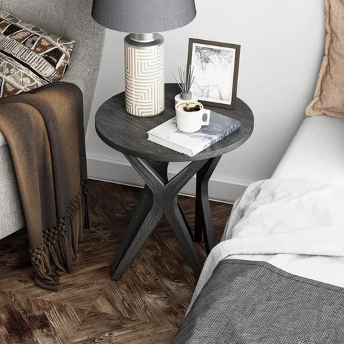 Miniatura 6 de Mesa auxiliar estilo rústico con pedestal, superficie envejecida con base de trípode, mesita de noche para sala de estar, moderna, decoración boho