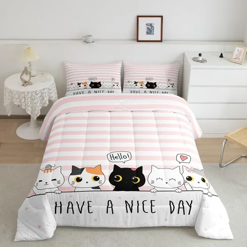 Miniatura 72 de Erosebridal Juego de ropa de cama para niños, tamaño individual, diseño de gatos de dibujos animados, para niñas, niños y adolescentes, edredón
