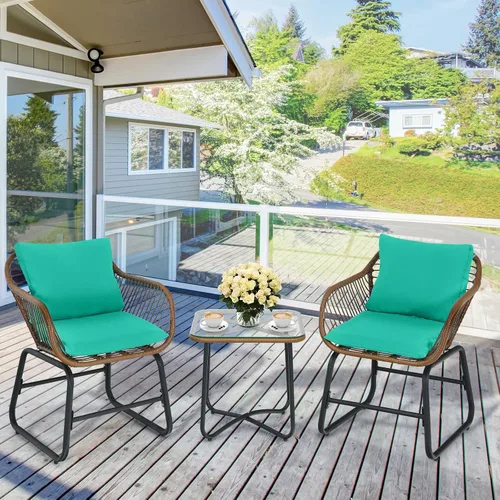 Miniatura 3 de COSTWAY Juego de 3 piezas de ratán para patio, silla acolchada, cubierta de mesa de cristal, turquesa