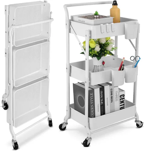 Miniatura 11 de Carrito plegable de metal de 3 niveles, carrito organizador plegable de almacenamiento multifunción para oficina en casa y biblioteca (negro)