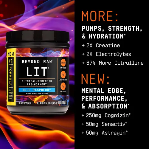 Miniatura 5 de BEYOND RAW LIT V2 - Polvo de entrenamiento de fuerza clínica, golpea más duro, bombas más grandes, cafeína, L-citrulina, creatina, frambuesa azul