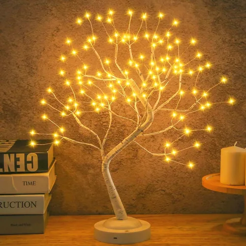 108 luces LED de árbol de abedul de mesa, lámpara de árbol de hadas bonsái, 8 modos de iluminación, temporizador y funciona con batería/USB, Blanco