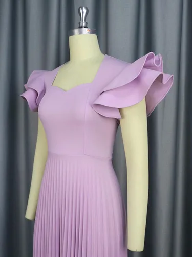 Miniatura 6 de AOMEI Vestido midi elegante plisado con cuello cuadrado y mangas con volantes para mujer