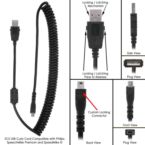 Miniatura 3 de ECS Cable de repuesto compatible con Philips SpeechMike Premium Touch, SpeechMike Premium y SpeechMike III, USB rizado de 2.5 a 5.5 pies, el 95%