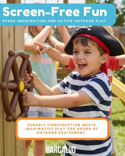 Miniatura 6 de Barcaloo Rueda de barco pirata para niños, color marrón, juego de columpios para volante de gimnasio de la selva, accesorio para casa del árbol