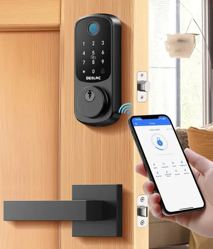 Miniatura 17 de DESLOC Cerradura inteligente de huellas dactilares B200 con 2 perillas, juego de cerradura de puerta delantera sin llave, cerrojo de seguridad