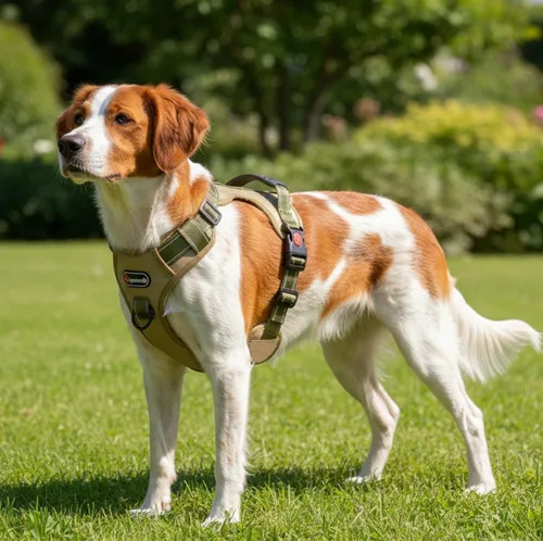 Miniatura 2 de Arnés táctico para perro de tamaño M sin tirones, con asa y ribete reflectante, arnés ajustable para el pecho con clips de correa delantera y Caqui