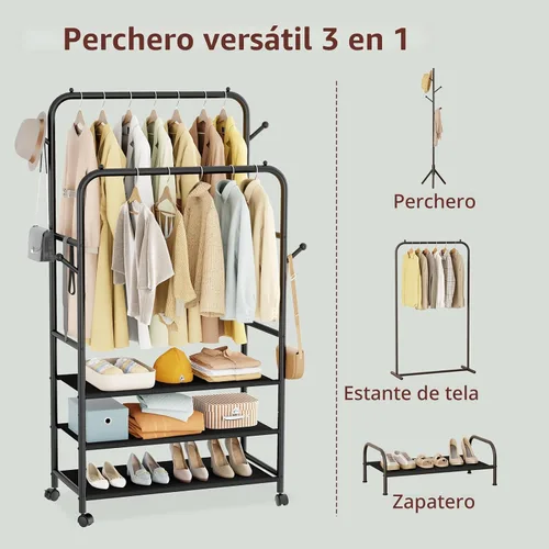 Miniatura 2 de Furologee Percheros para colgar ropa, perchero de doble barra con estantes de almacenamiento de 3 niveles, armario de ropa rodante con ruedas