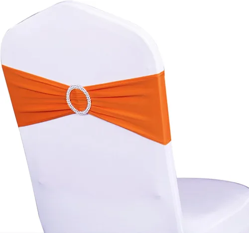 Miniatura 33 de Paquete de 50 bandas elásticas para sillas de bebé azul para boda, bandas elásticas de licra con hebilla deslizante, arcos de sillas de spandex