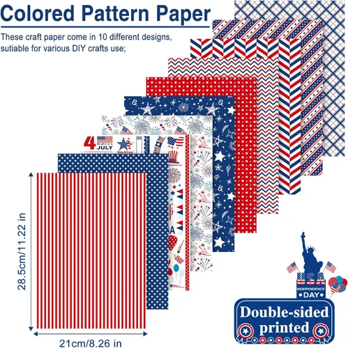Miniatura 2 de Morcheiong Juego de 30 hojas de papel con patrón del 4 de julio, tamaño A4, papel decorativo de doble cara, papel de origami para el Día