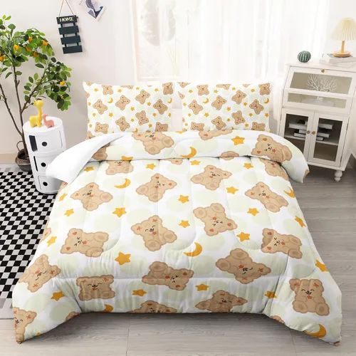 AILONEN Lindo juego de edredón de oso tamaño individual, juego de ropa de cama Kawaii de oso de peluche marrón para niños y niñas, edredón suave de