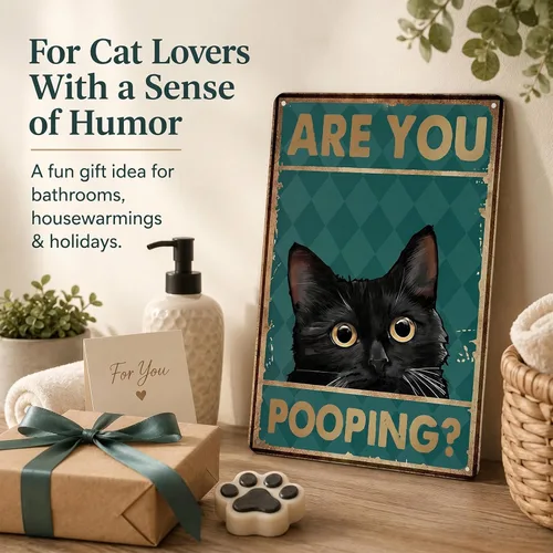 Miniatura 7 de Cartel de decoración de baño de gato negro divertido de 8 x 12 pulgadas, arte de pared de metal, letrero de "Are You Pooping", letrero de baño