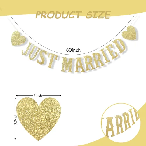 Miniatura 2 de Banner dorado con purpurina de recién casado – Cartel de boda DIY Just Married – Cartel Just Married para decoración de despedida de soltera