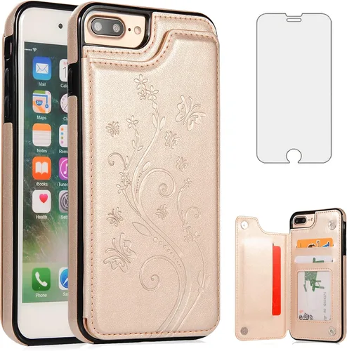 Miniatura 11 de Asuwish Funda de teléfono para iPhone 7plus 8plus 7/8 Plus con protector de pantalla de vidrio templado y tarjetero; funda tipo cartera de cuero