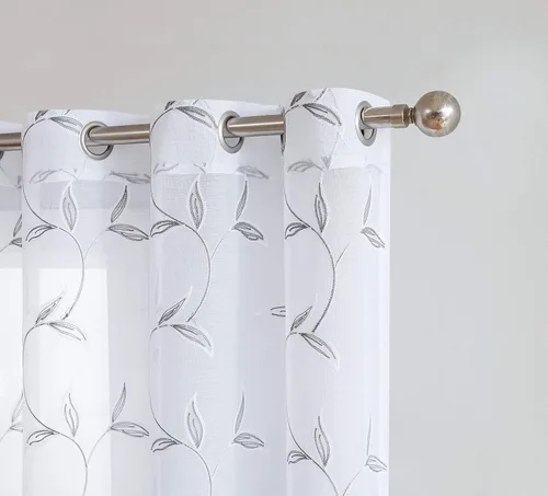 Miniatura 5 de LINENZONE Cortina de patio transparente blanca para puertas correderas con bordado de hojas de carbón gris. Extra ancha para patio, puertas