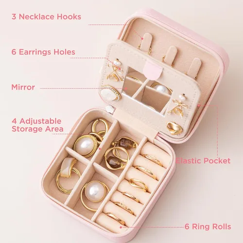 Miniatura 2 de HBselect Joyero de viaje, organizador de joyas, cajas de joyería pequeñas con iniciales para mujer, joyero de viaje, soporte para anillos, soporte