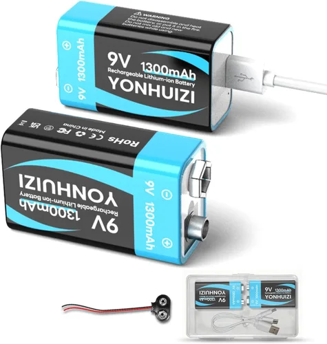 2-Pack 1300mAh Rechargeable 9V Batteries, 9 Volt Lithium-ion Square Battery Long Lasting Power+Clip Connector and Storage Box for Smoke Alarms,