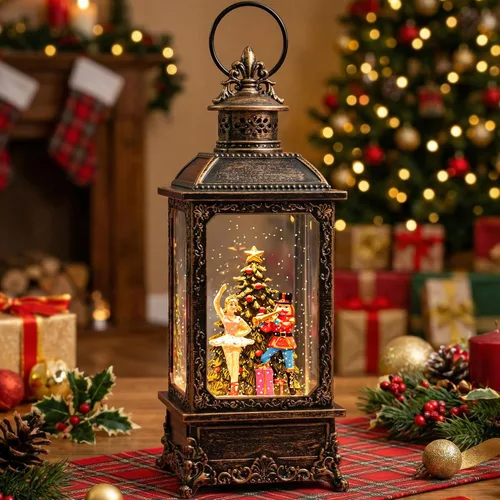 Miniatura 26 de Gnomos de Navidad de 10 pulgadas, linterna de globo de nieve iluminada, caprichoso árbol de Navidad y elfo escandinavo, linterna de agua musical