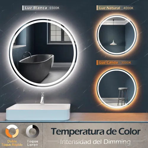 Miniatura 3 de KWW - Espejo de baño LED redondo grande de 28 pulgadas, moderno, temperatura de color ajustable, luces regulables anti vaho, fácil de instalar