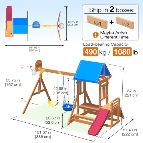 Miniatura 2 de Conjuntos de columpios para niños para el patio trasero, juegos de patio de madera para edades de 3-6 con un tobogán de ola, pared de escalada