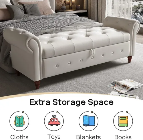Miniatura 8 de NIOIIKIT Banco Otomano de Almacenamiento de 160 cm, Banco de Entrada con Botones Acolchados, Banco Largo de Brazos Enrollados para Dormitorio, Sala