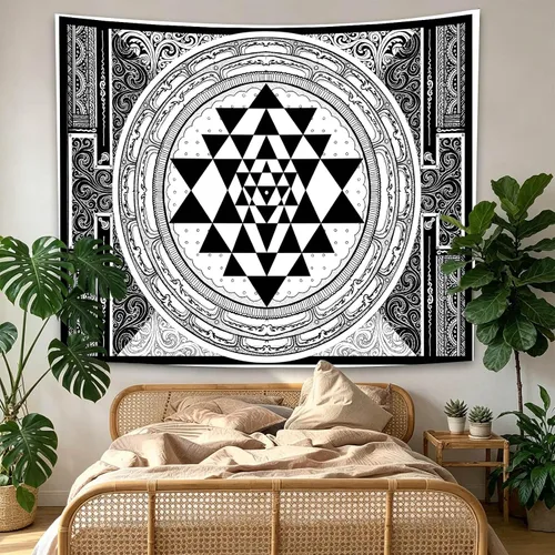 Miniatura 5 de SHRAPHY Tapiz Sri Yantra de 60 x 40 pulgadas, tapiz de meditación sentado, geometría sagrada, tapiz de arte blanco y negro para colgar en la pared