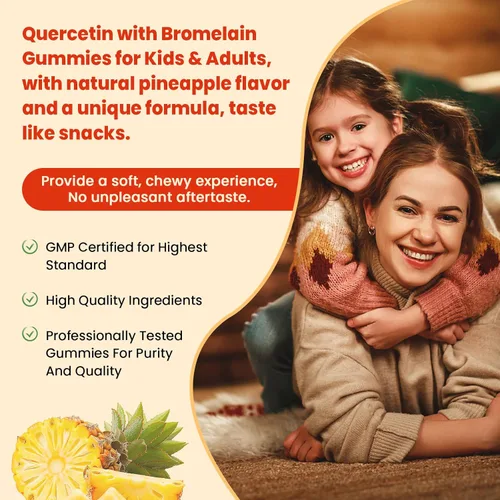 Miniatura 6 de Gomitas de quercetina sin azúcar con bromelina para niños y adultos, inmune, antioxidante, apoyo estacional, 1000 mg de quercetina suplementos