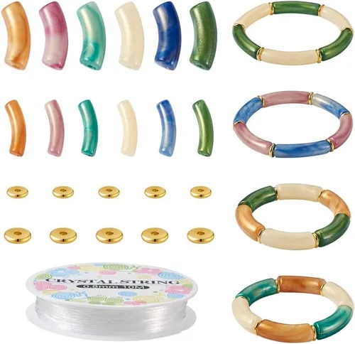 Miniatura 9 de 40 cuentas de tubo de imitación de piedras preciosas acrílicas, coloridas cuentas curvas acrílicas opacas gruesas con cuentas de disco espaciador