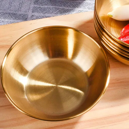 Miniatura 3 de Juego de 6 platos de salsa de soja de acero inoxidable, cuencos redondos dorados para sushi, albóndigas y olla caliente, platos de condimentos