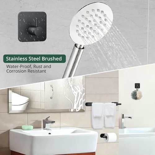 Miniatura 4 de JiGiU Toallero de 16 pulgadas, juego de accesorios de baño autoadhesivos con soporte para papel higiénico y 3 paquetes de ganchos para toallas, kit