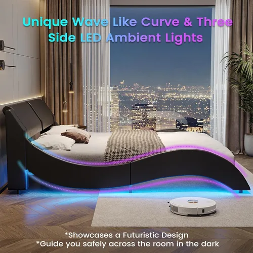 Miniatura 7 de DICTAC Base de cama King con puertos de carga y cabecero, base de cama de plataforma tamaño King con luces LED onduladas como curvas, soporte