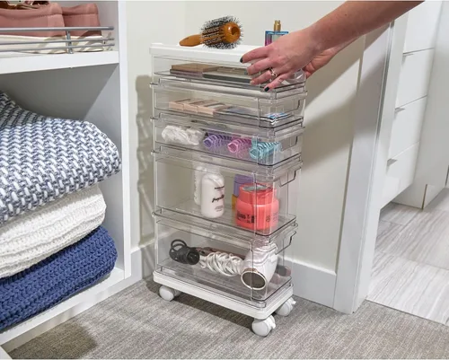 Miniatura 4 de iDesign The Sarah Tanno Collection - Carrito organizador de cosméticos apilable con 5 cajones, transparente