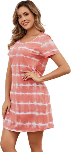 Miniatura 4 de Inadays Camisón de algodón para mujer, ropa de dormir de manga corta, camisón casual con estampado, pijama holgado y cómodo