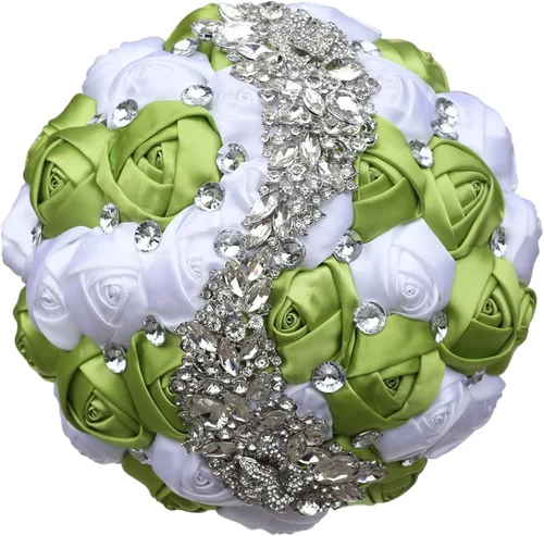 Miniatura 26 de XINNI Ramo de boda verde esmeralda para novia, dama de honor, satén rosa, ramo de boda con diamantes de imitación en forma de lluvia de meteoritos