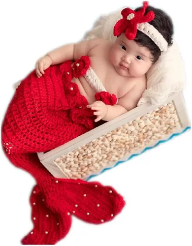 Miniatura 6 de Accesorios de fotografía para recién nacidos, diadema de estrella, brasier y cola de sirena para sesión de fotos de bebé (rojo)