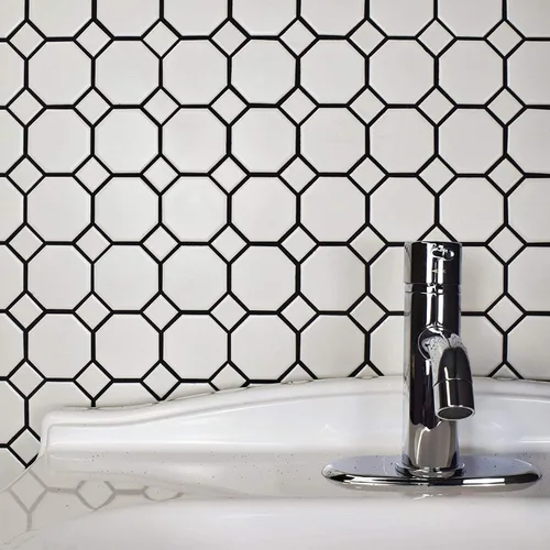 Miniatura 6 de Tenedos Mosaico de porcelana octágono blanco mate con puntos blancos, 20 hojas/estuche para pisos, paredes, salpicaduras de cocina y azulejos de baño