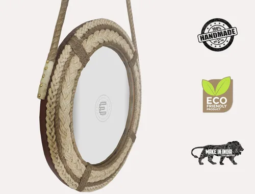 Miniatura 4 de Espejo redondo náutico costero para sobre el fregadero, decorativo tejido a mano, cola de caballo enmarcada para colgar en el baño, luz de cama