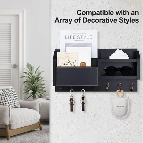 Miniatura 2 de Lwenki Soporte para llaves y correos – Colgador de pared para llaves con estante y 7 ganchos de metal – Organizador decorativo de entrada de madera