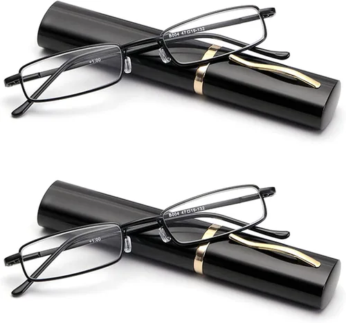 Viseng Gafas de Lectura Slim Mini de Metal Compactas, Lectores Ligeros Portátiles con Estuche para Lentes, Negro+Negro+1.0