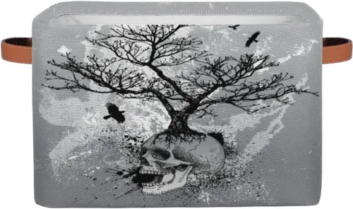 Cesta de almacenamiento de calavera de Halloween, contenedor de almacenamiento plegable de cuervo de árbol de acuarela con asa de tela, caja de