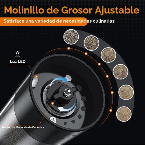 Miniatura 3 de Lidaop - Juego de 2 molinillos eléctricos de sal y pimienta recargable por USB con luz LED cálida, grosor ajustable, gran capacidad, molinillo