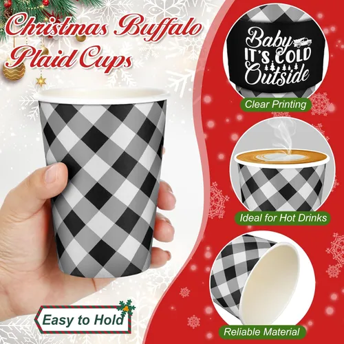 Miniatura 4 de Layhit 100 Piezas Tazas de Café Navideñas de Cuadros Buffalo, Vasos de Papel Navideños Desechables con Tapas, Fundas y Pajitas Removedoras