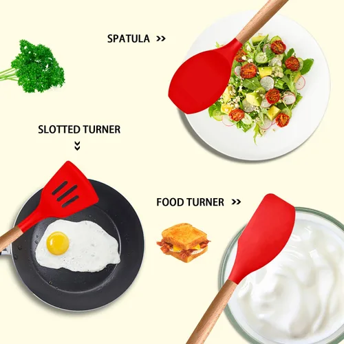 Miniatura 3 de MIBOTE Juego de utensilios de cocina de silicona, resistente a 230 °C, pinzas para voltear, espátula, cuchara, batidor, mango de madera, juego