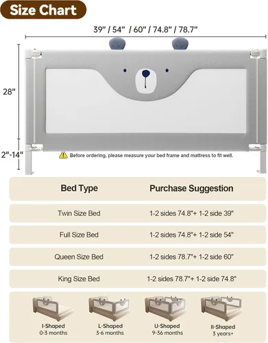Miniatura 8 de Barandilla protectora para cama de bebé para niños pequeños, rieles reforzados de 54 pulgadas para cama completa con altura ajustable, barandilla