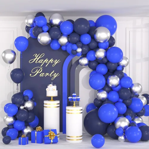 Miniatura 16 de Juego de globos de confeti azul rey, negro y plateado, arco de globos de confeti azul, negro y plateado para decoración de cumpleaños de bebé jefe